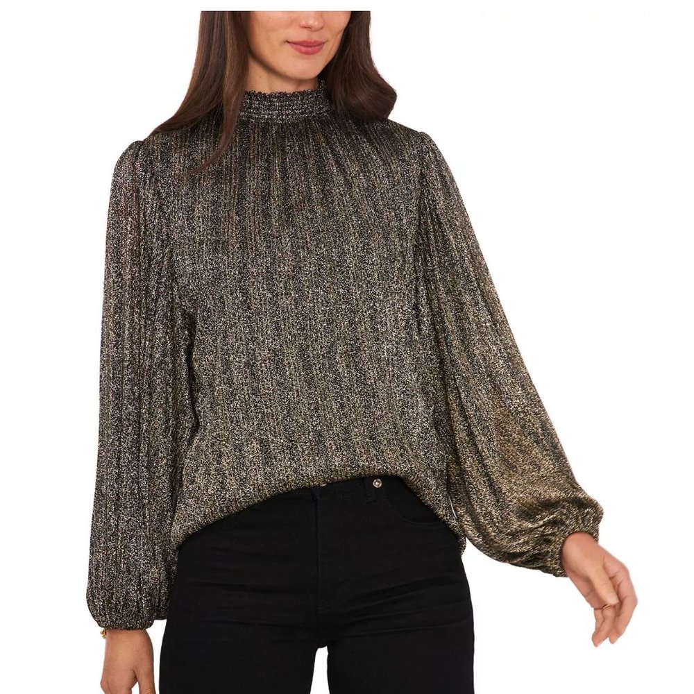 New Vince Camuto Long Sleeve Foil Mock Neck Blouse in "Rich Black"